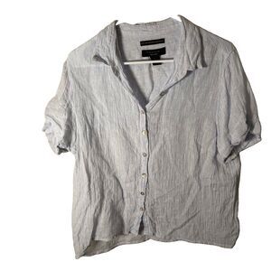 Tahari Shirt Women's Large 100% Linen Blue Collared Button Up Short Sleeve